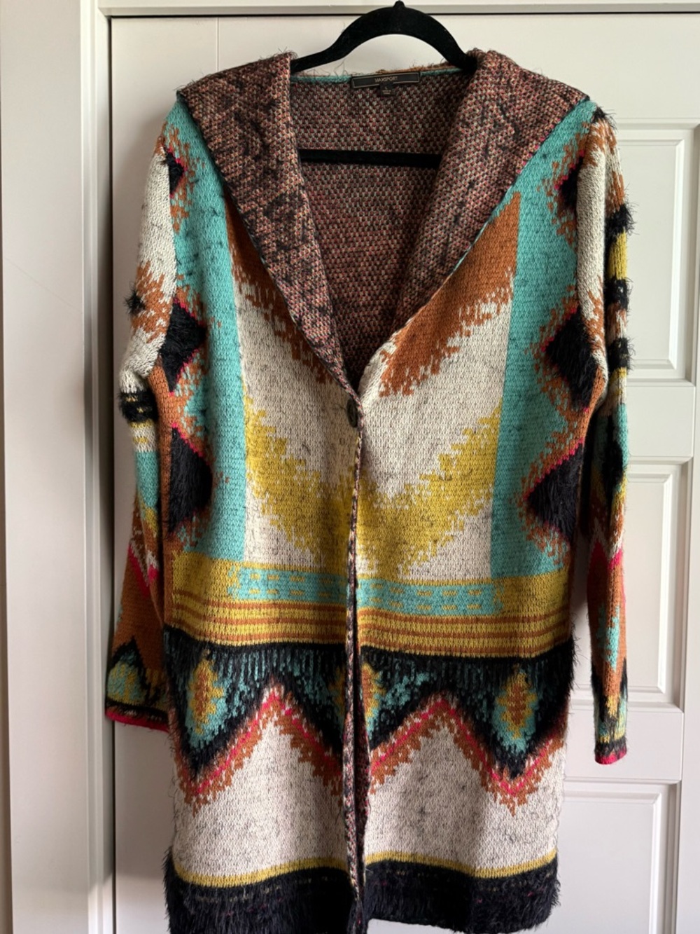 Long Hooded Aztec Knit Cardigan Sweater - Turquoise/Mustard